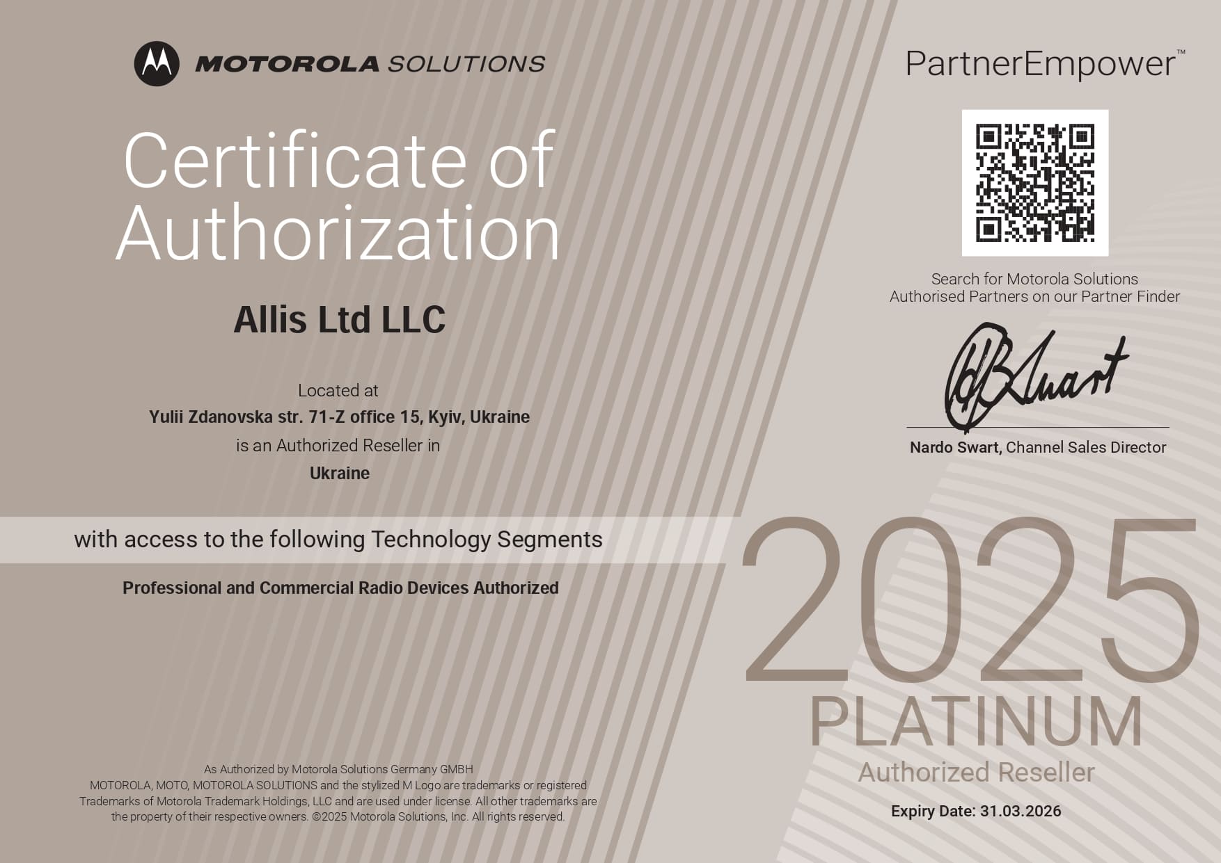 Cerrificate of Autorization ALLIS LTD LLC 2025
