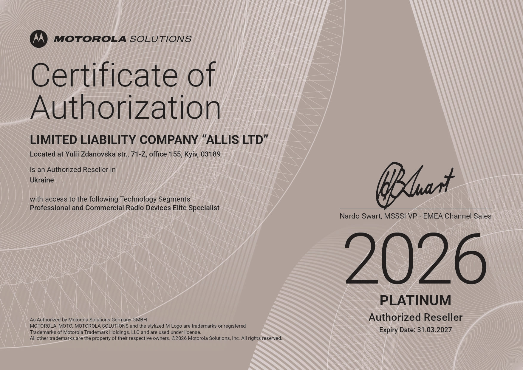 Cerrificate of Autorization ALLIS LTD LLC 2026